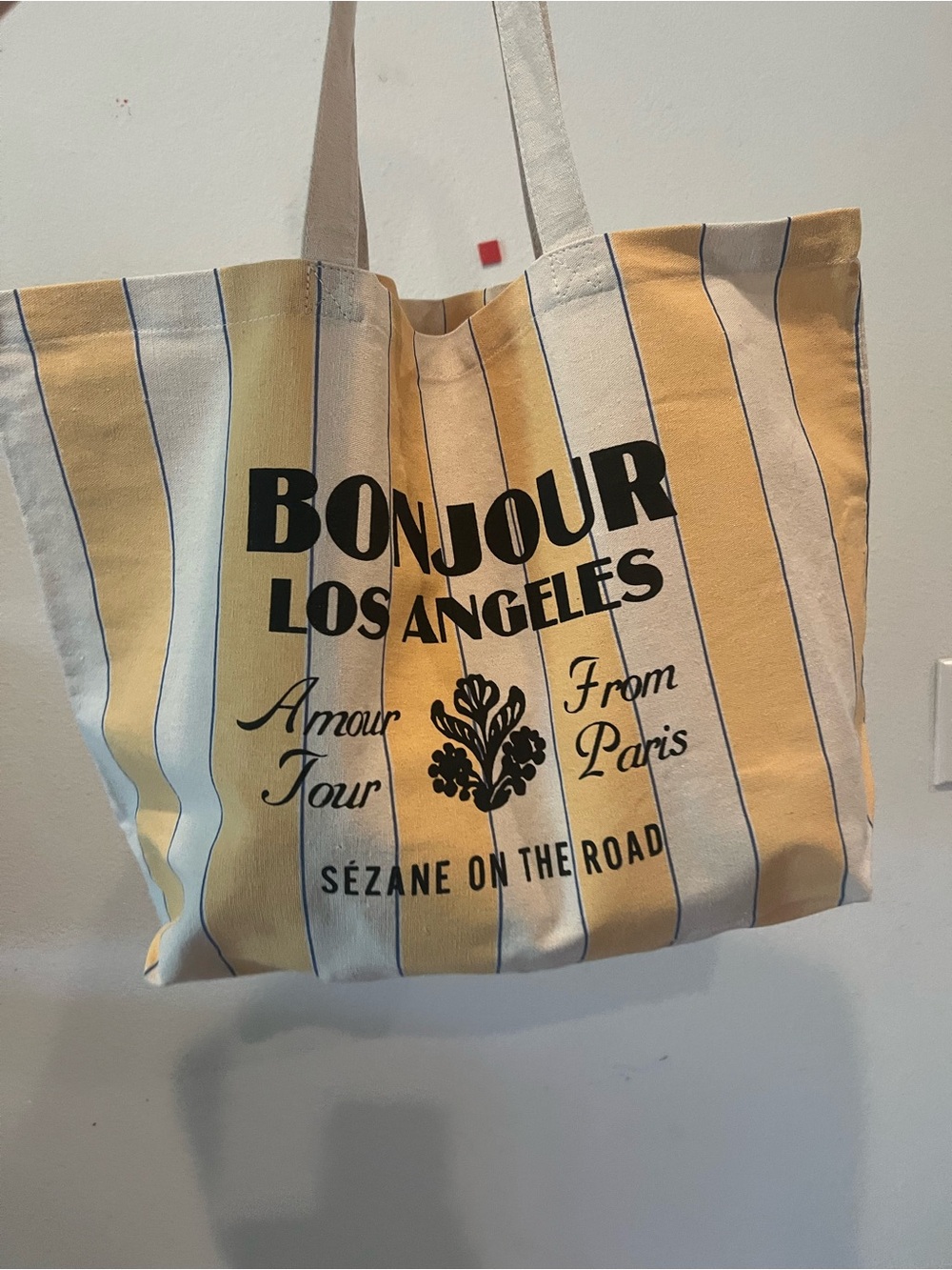 SEZANE Bonjour Los Angeles Yellow Stripe Tote Bag